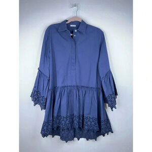 P.A.R.O.S.H. Star Eyelet Mini Dress Blue Tent Pleated Long Sleeve Collared XS